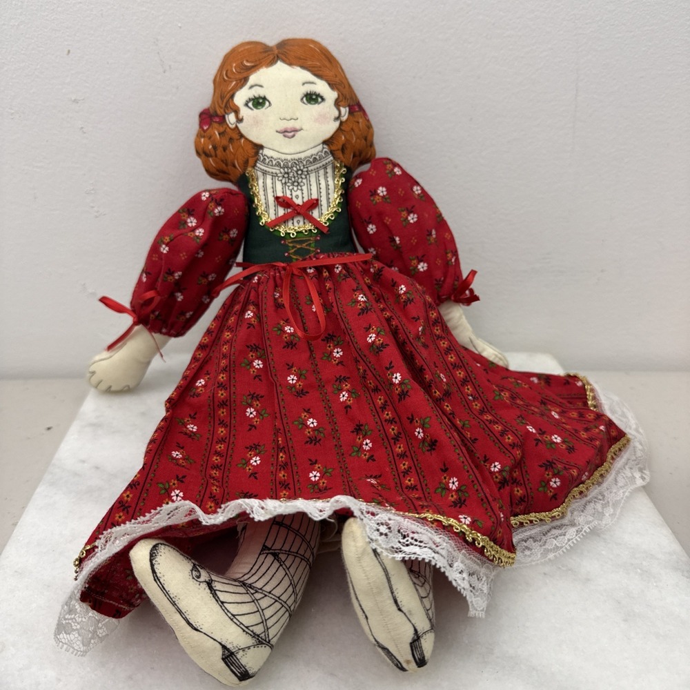 Handmade 15" Girl Cloth Doll w/Goose Red Dress VTG Mint Condition